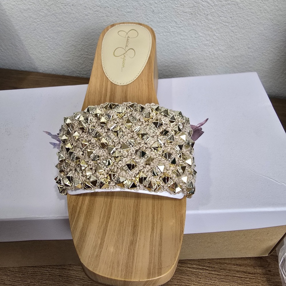 Jessica Simpson Gold Studded Wedge Espadrille Slide - Picture 3 of 5
